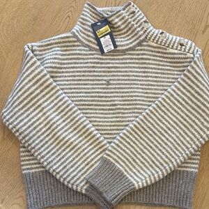 Striped Mock turtleneck Button Shoulder Sweater - Gray & Cream NWT M